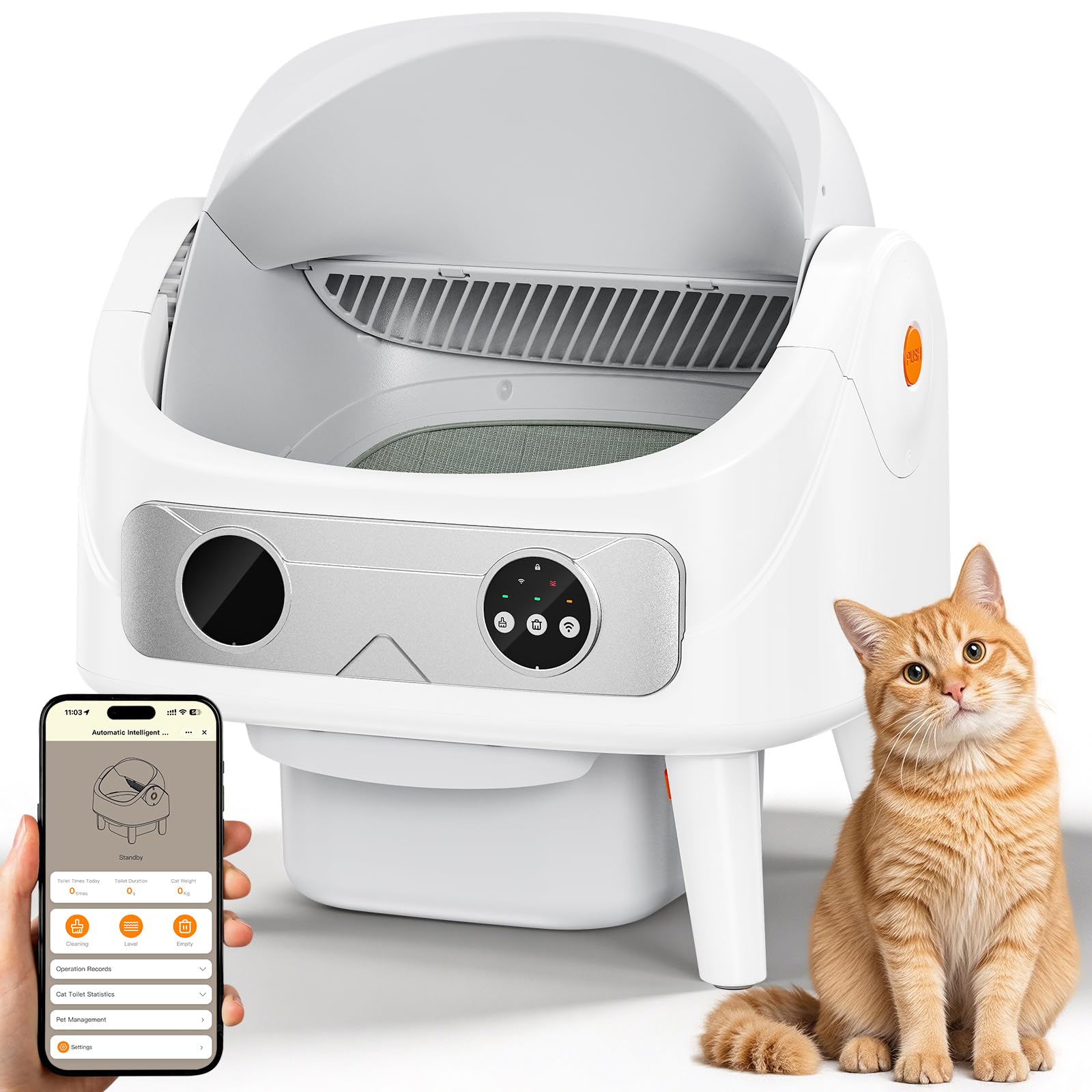 Caja de arena automática para gatos que elimina el mal olor y la suciedad en el suelo blanco