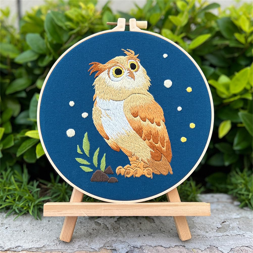 Meecaa Owl Embroidery Kit Starter Set, Hand Embroidery Set,Pattern Printed Cross Stitch Set for Beginner Adults, with Embroidery Hoop and Instructions (Owl 1)