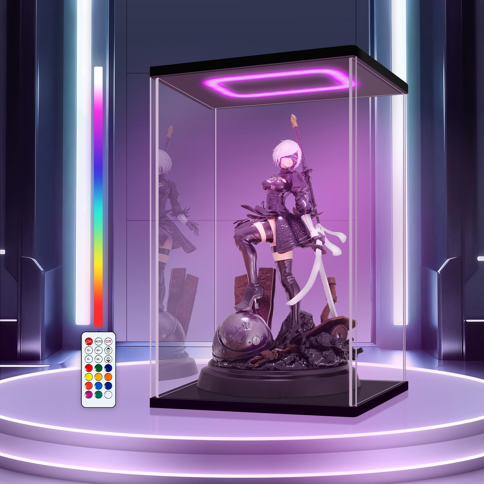 Naconmlet Black With Color Light Clear Acrylic Display Case With Color Light For 400% Popmat Figurs, Assemble Clear Display Box Stand Dustproof Protection Showcase Organizer Box For Action Figures