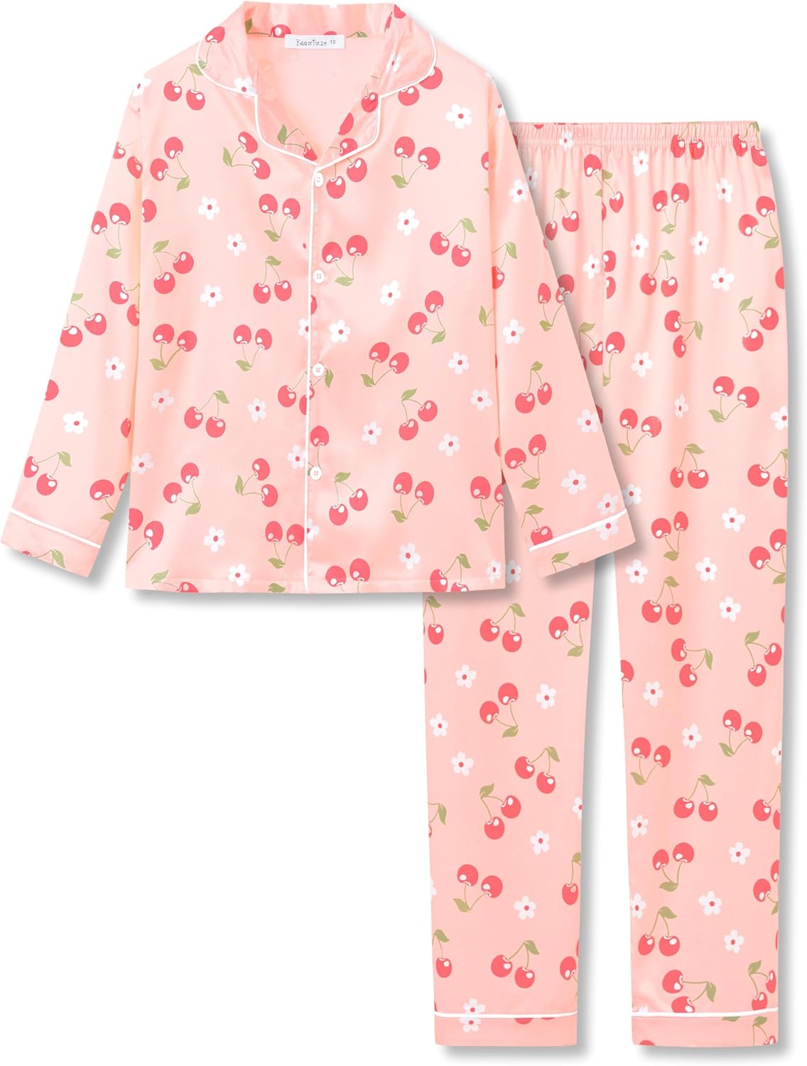 Beezizac Silky Satin Pajama Long Sleeves Set For Little & Big Girls Trendy Button 2-Piece Outfit Kid Sleepwear Size 6-16