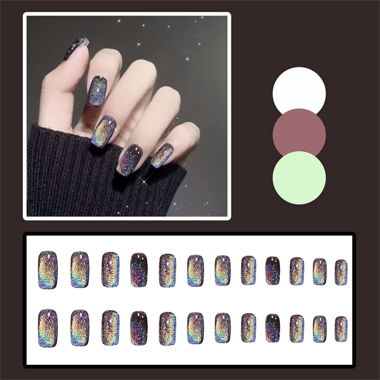 Unghie Finte Quadrate Medio Lunghe Copertura Completa con Colla Laser Nero Staccabile Arcobaleno Cat Eye Stampa sulle Unghie 24 Pezzi Suggerimenti per Nail Art per Saloni di Bellezza e Donne Nail AR
