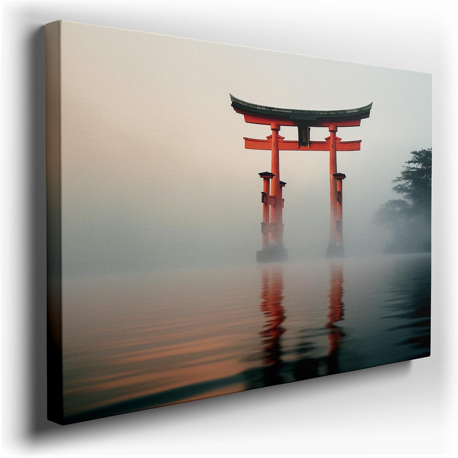 Canvas for Living room. Mystic Reflections at the Water's Edge � A Serene Encounter with the Red Torii Gate, 27 x 18 inch Canvas Wall Art - Contemporary Masterpieces - Modern Home Decor