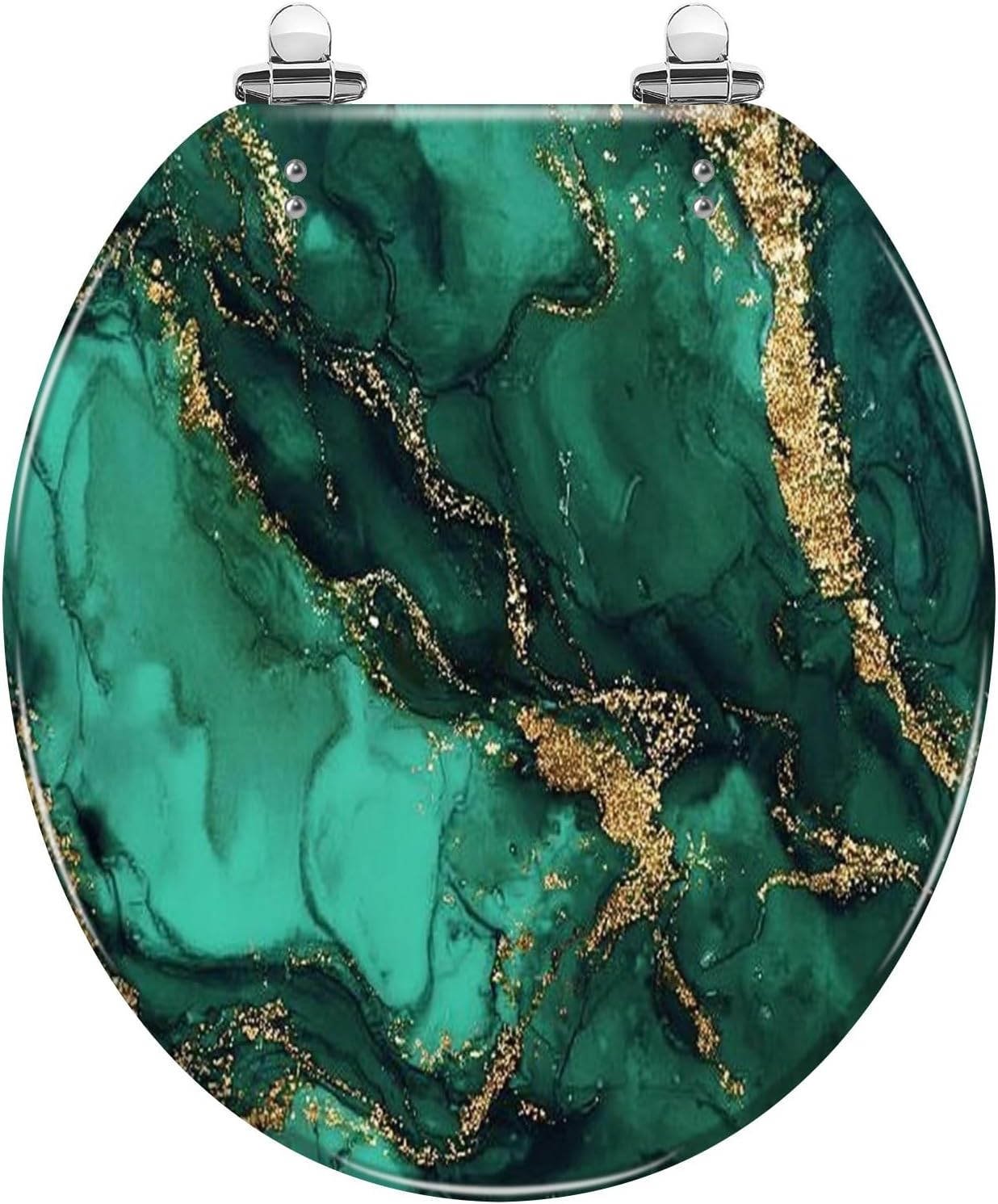 Round Toilet Seat Black green watercolor gold glitter Watercolor alcohol ink splash Resin Toilet Seat Slow Quiet Close with Quick-Release Hinges Toilet Seat with Cover Easy to Clean Install