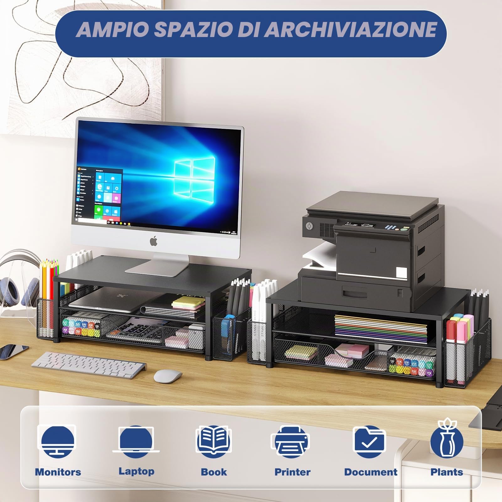OPNICE Supporto per monitor a 2 livelli con cassetto e 2 portapenne, supporto per laptop, accessori da scrivania per ufficio, nero