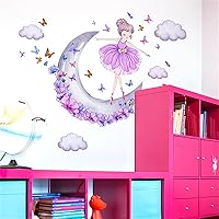 Vista 4 de Preciosas calcomanías de pared de mariposa de niña de luna morada y nubes, calcomanías de pared de arte de sacinora Art removibles para guardería