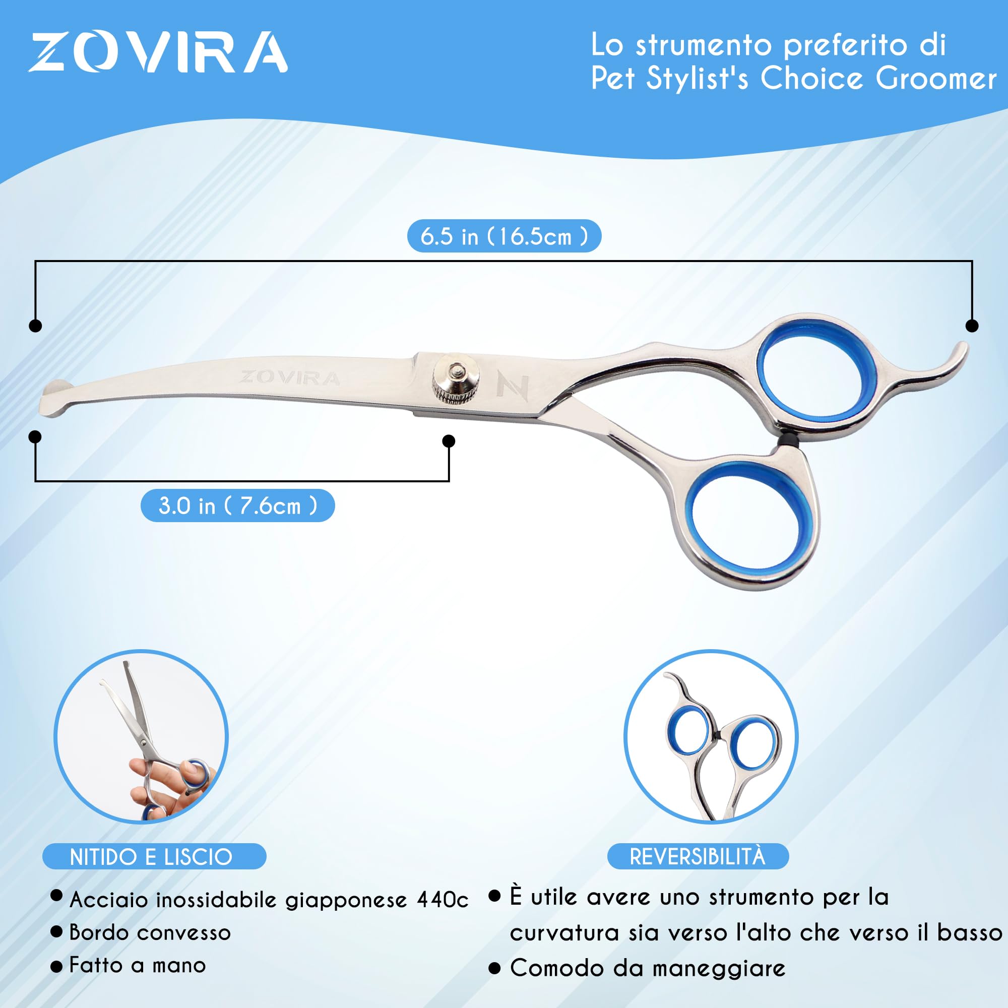 Zovira Forbici per toelettatura cani da 6,5'' forbici professionali per animali domestici, forbici curve per toelettatura cani per uso domestico (forbici singole) (Single, 6,5)
