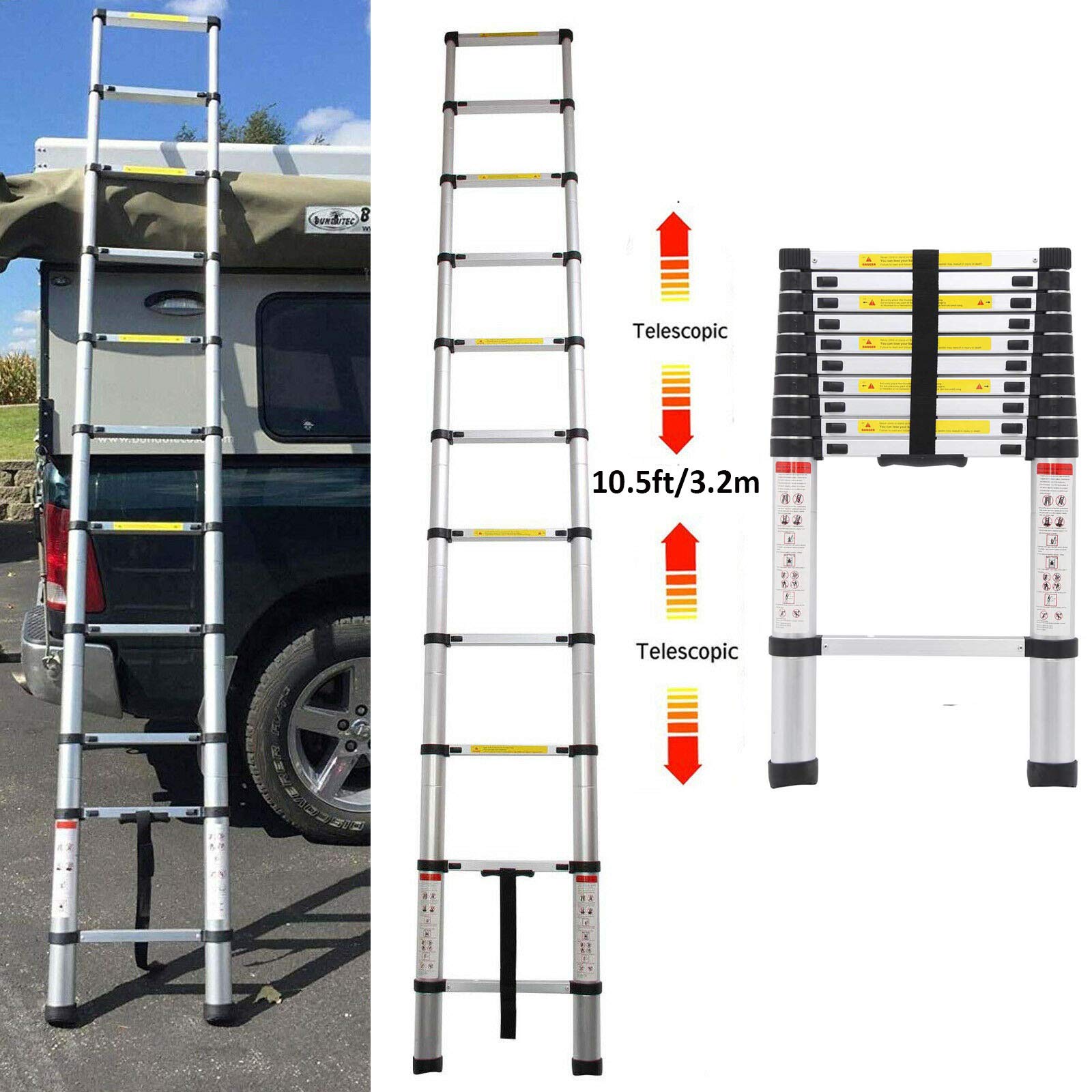 Autofather3.2M Telescopic Ladder Aluminum Ladders Multi-Purpose Attic Ladder Extendable Step Ladder Straight Ladder, Lightweight Pull-Out Ladder, 150kg Load Capacity