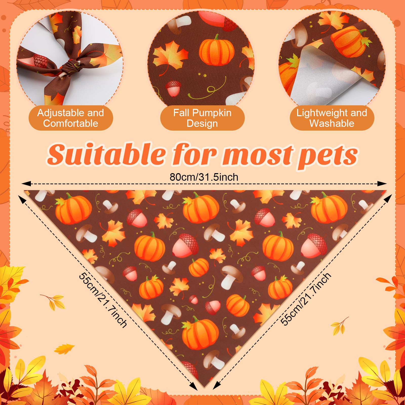 Chunful Lot de 100 bandanas d'automne pour chien en vrac avec motifs citrouille, écharpe triangulaire, bavette, foulard, pour petit et grand chien, accessoires de costume de Thanksgiving (80 x 55 x 55