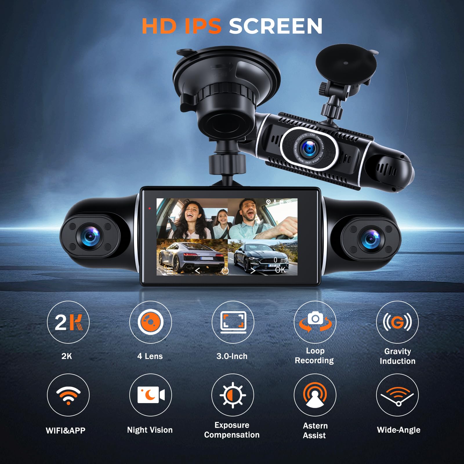 Hikity Dashcam 2K con Pantalla IPS de 3 Pulgadas, Grabación en Bucle, Visión Nocturna, Sensor G, Línea de Ayuda al Aparcamiento, Tarjeta TF de 64 GB, Wi-Fi y Control Mediante Aplicación