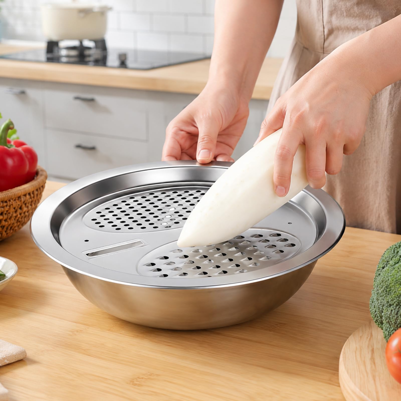 Generisch 3er Set Multifunktions Edelstahl Reibeschüssel, 30 cm 11,8 Zoll große Rührschüssel, Sieb für die Küchenzubereitung, vielseitiger Reibedeckel, kompatibel mit Induktionskochfeldern
