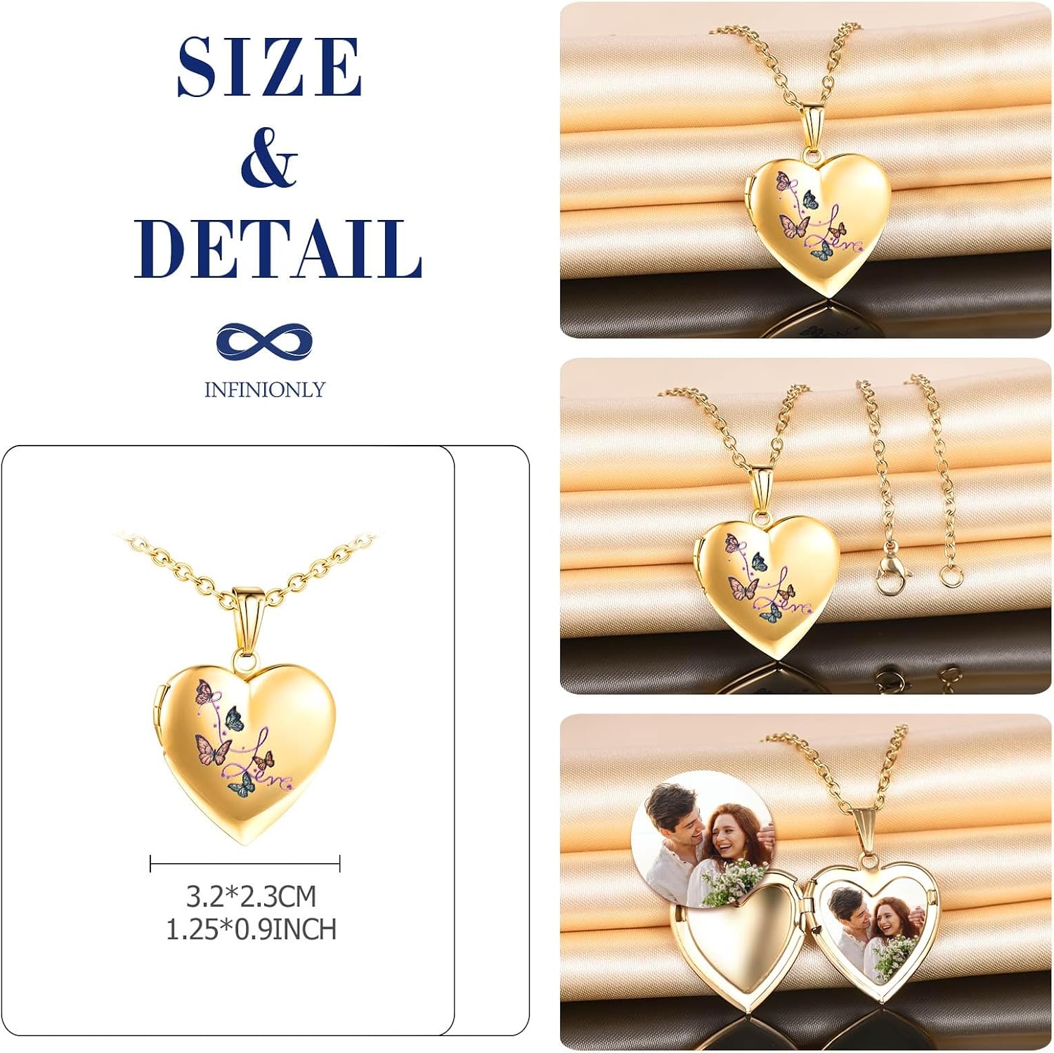 MICMIF Collana Con Medaglione A Cuore E Farfalle - Acciaio Inossidabile - Portafoto Personalizzato Per Mamma O Fidanzata - Catena 50 Cm