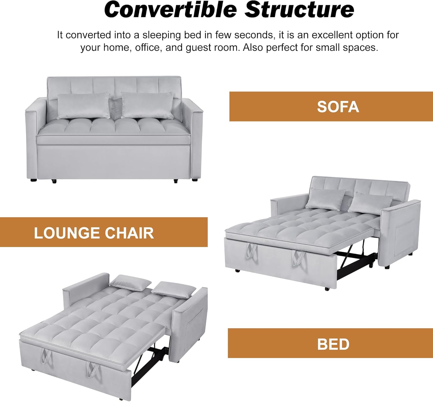 3 in 1 Convertible Sleeper Sofa Bed, Pull Out Couch Loveseat Futon, Adjustable Backrest Velvet Sofa with Pillows and Side Pockets for Living Room Apartment, Light Grey