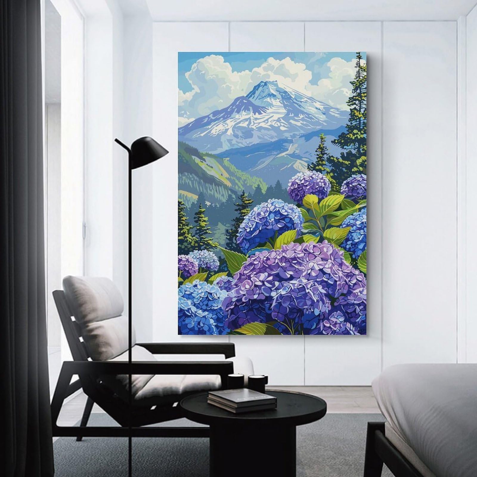 Junmoney Mountain View with Hydrangeas Room Decor Wall Art, 16x24inch(40x60cm), for Hallway, Lounge Or Guest Room, Gift Idea for Housewarming And Birthdays