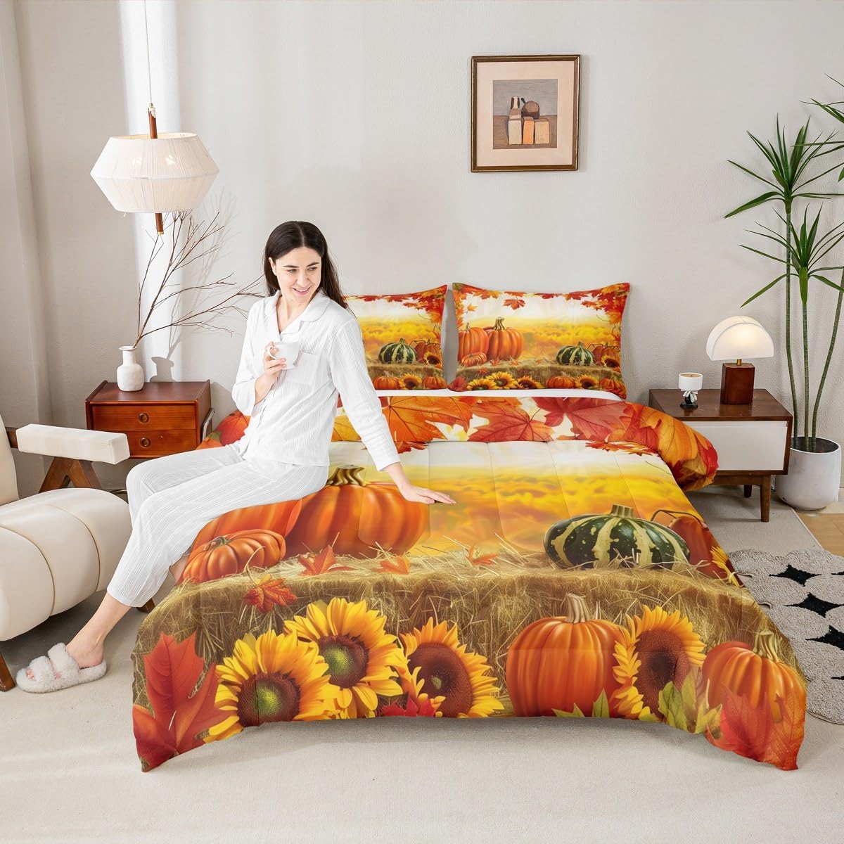 Feelyou Fall Bedding Set for Girls Boys Kids Full Size Maple Leaves Pumpkin Comforter Cover Room Decor Daisy Botanical Floral Printed Duvet Cover Beige Orange Yellow Quilt Set