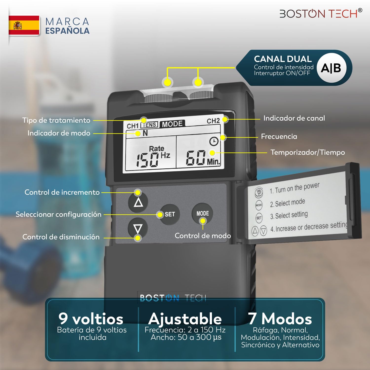 Boston Tech® Electroestimulador Muscular ME89 PRO | TENS EMS 7 Modos de Uso Personalizable | Alivio del Dolor + Estimulación Muscular | 4 Electrodos Batería de 9V Modos Ráfaga y Rampa Maletín Premium