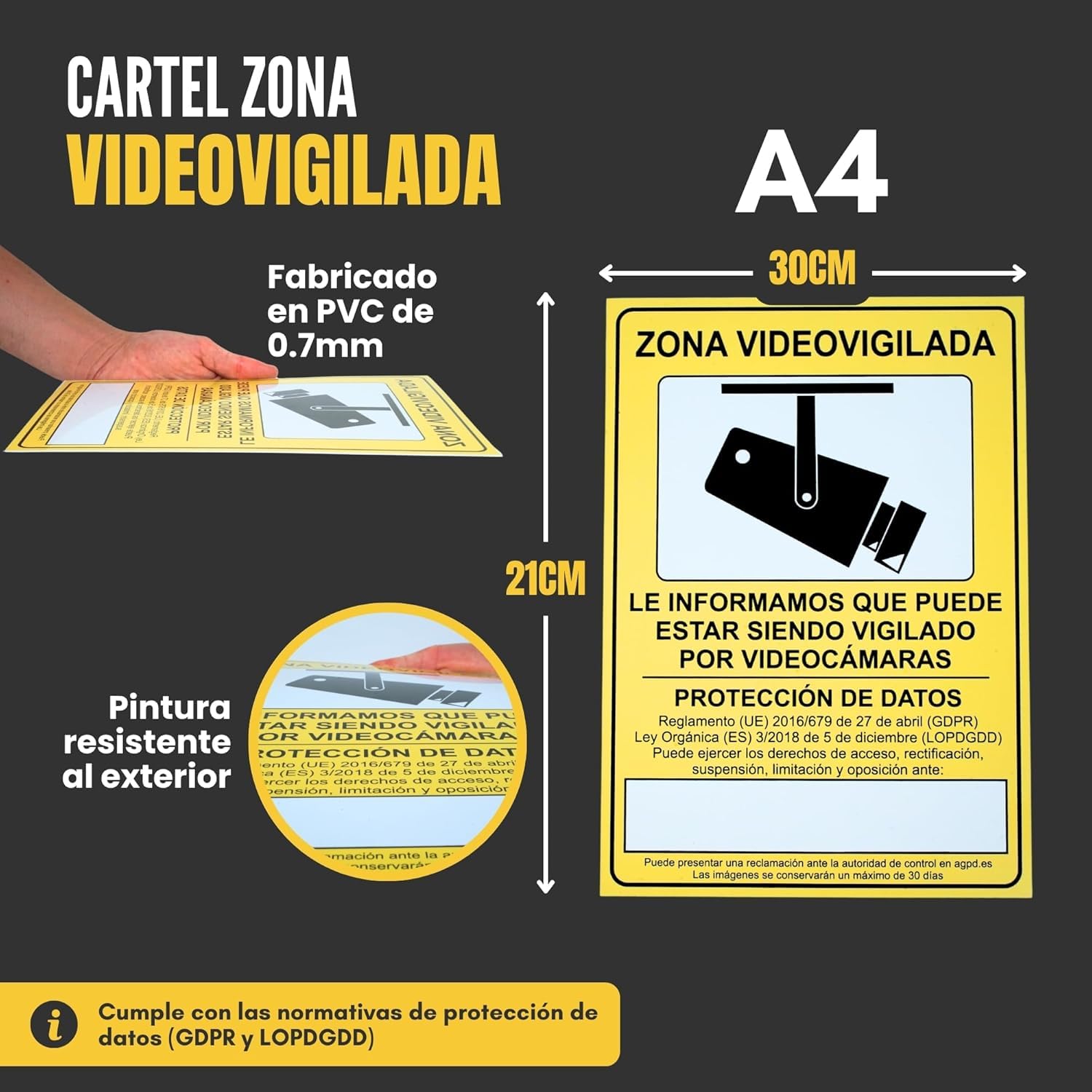6 Stück | Schild für Videoüberwachung | Videoüberwachungsbereich | A4 (30 x 21 cm) | PVC-Material 0,7 mm | Schild für Überwachungskamera für den Innen- und Außenbereich (6)