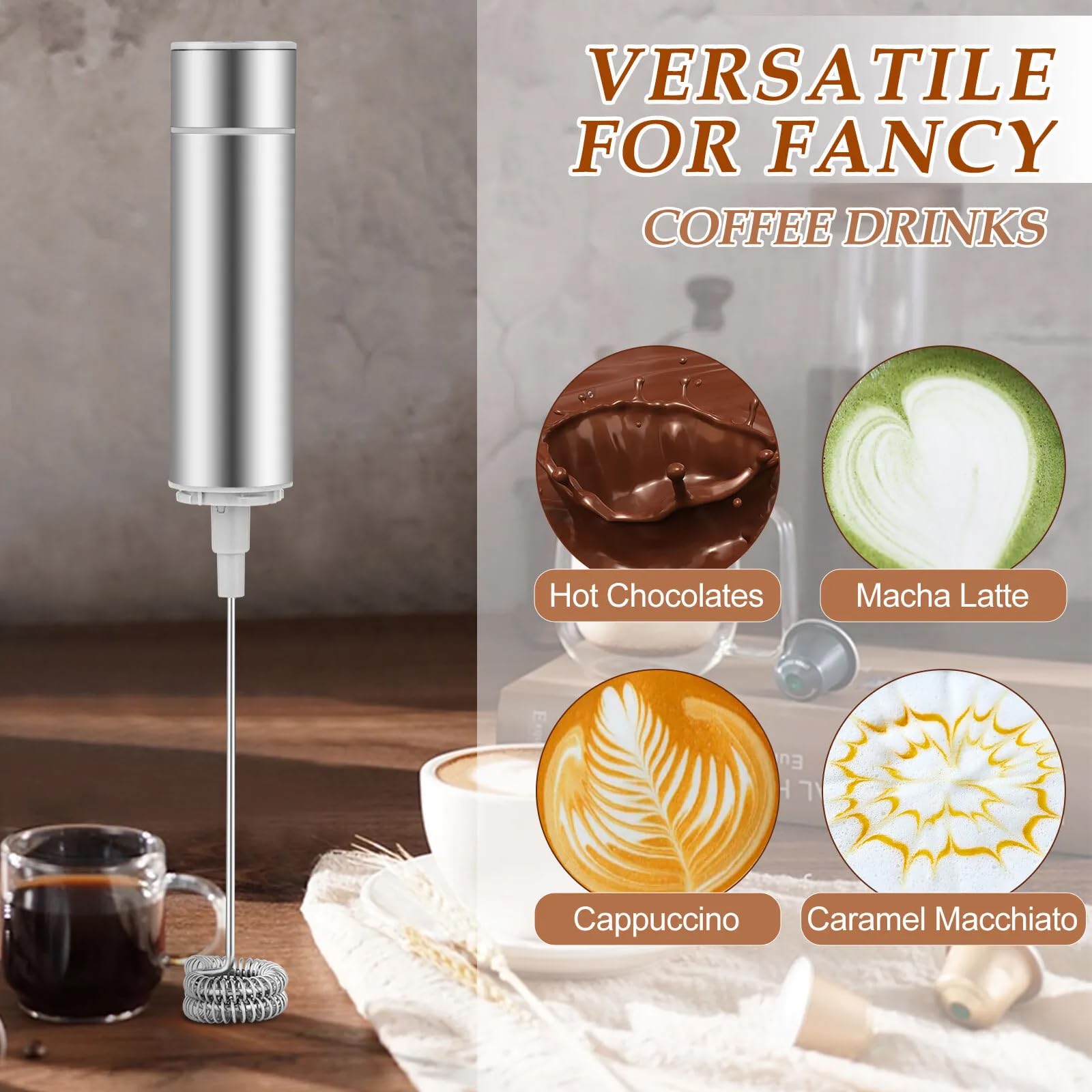 Edelstahl Elektrischer Milchaufschäumer, 3-in-1 Mini-Handmixer Elektrisch USB Wiederaufladbar, Schnellschaum, Handheld Milchschäumer Stab Für Cappuccino/Macchiato/Heiße/Schokolade/Eischnee