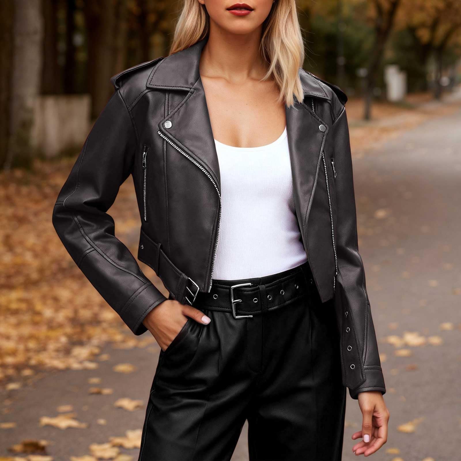 Generisch Giacca da donna in pelle con collo a risvolto, in ecopelle, morbida, casual, per le mezze stagioni, stile retrò, casual, sottile
