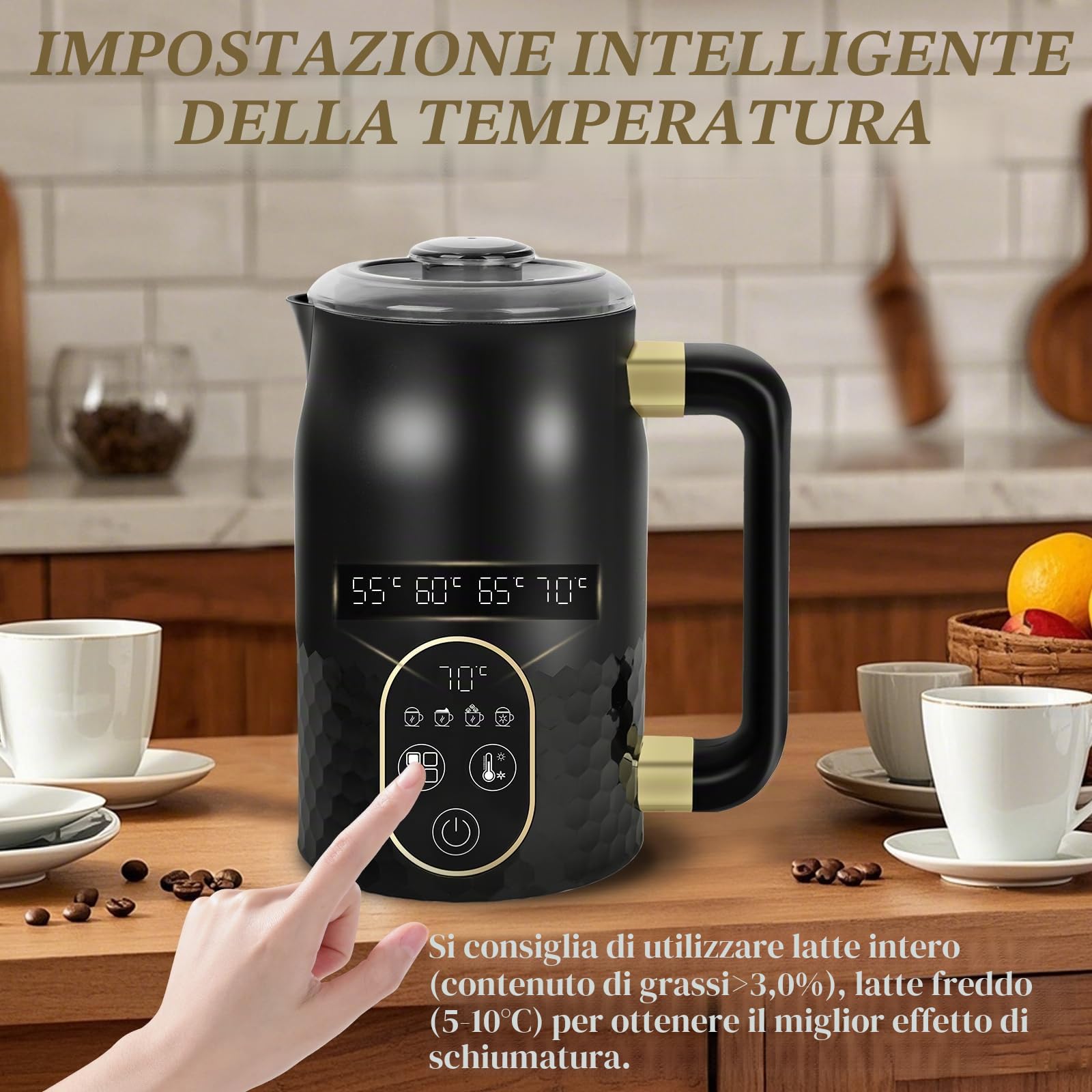 Montalatte elettrico 4 in 1 cioccolata calda con controllo temperatura, schiuma calda e fredda con 2 fruste per cappuccino, latte