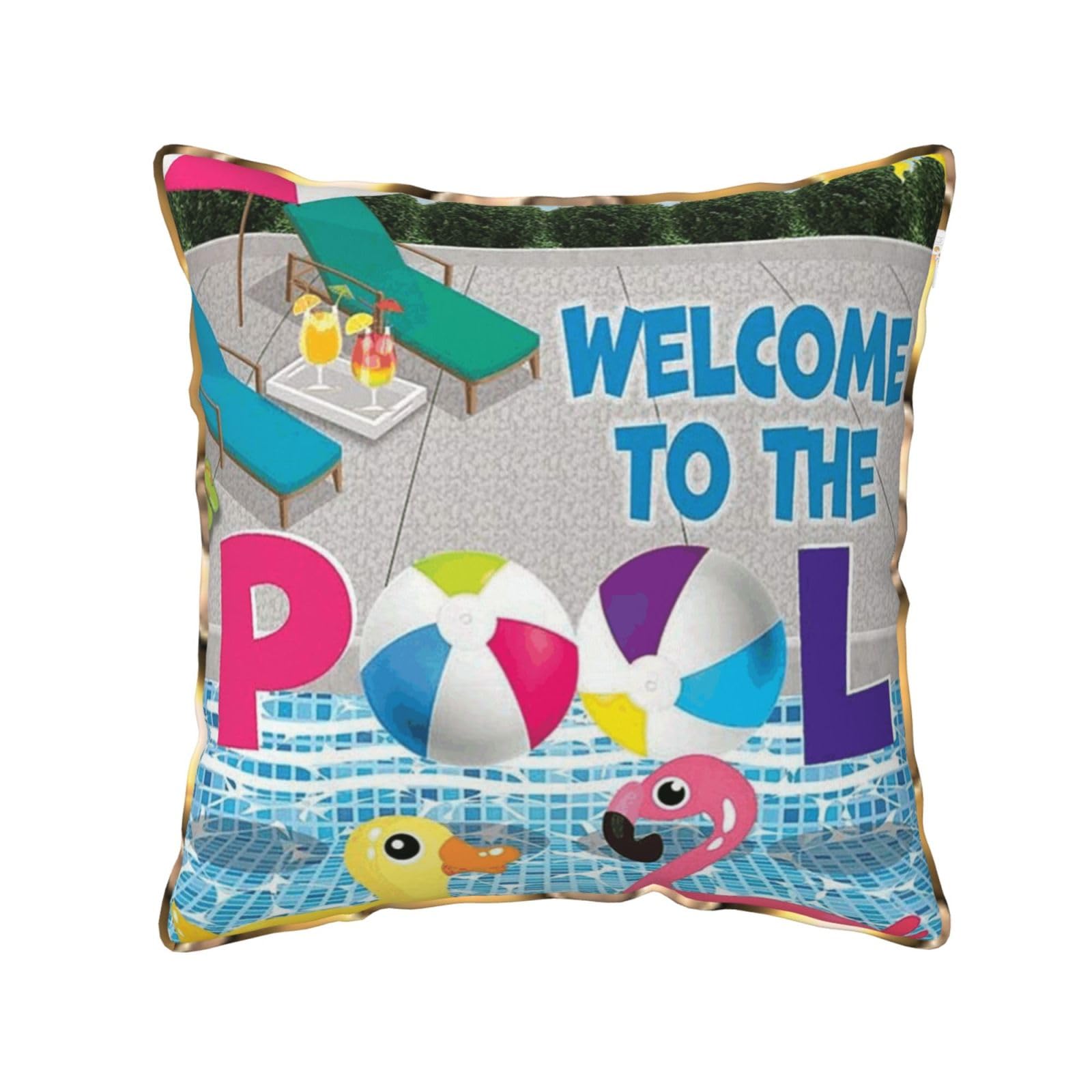 AUBKFELD Flamingo and swimming pool Printed Velvet Cushion Cover 50x50 CM with Gold Edging Strip, Square Pillowcase Soft Throw Pillow Covers Case Decorative for Living Room Sofa Couch Bed Bench
