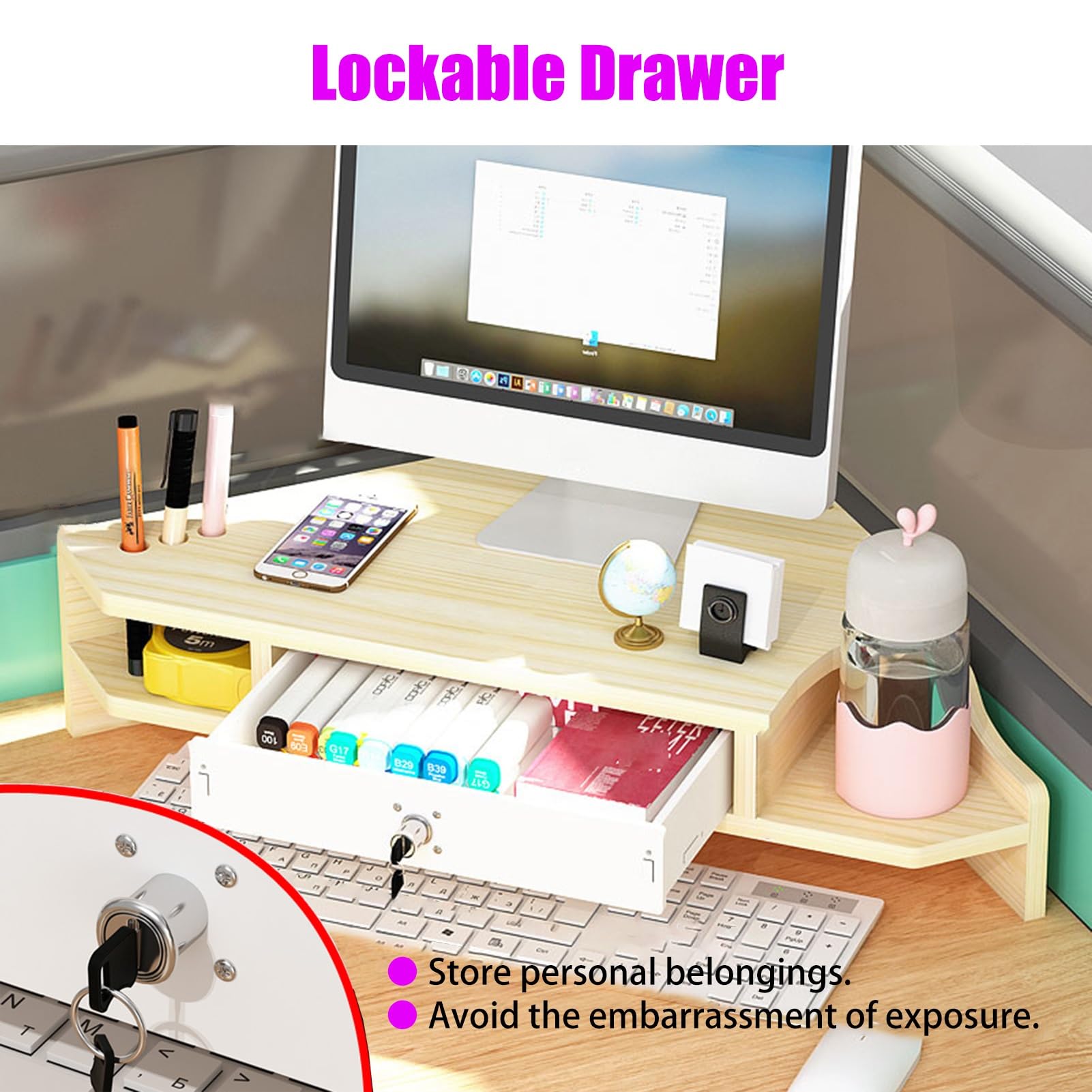 Supporto per monitor e computer portatile con contenitore, design a triangolo a 2 ripiani, per PC, TV, tablet, ideale per organizzare la scrivania in casa o in ufficio