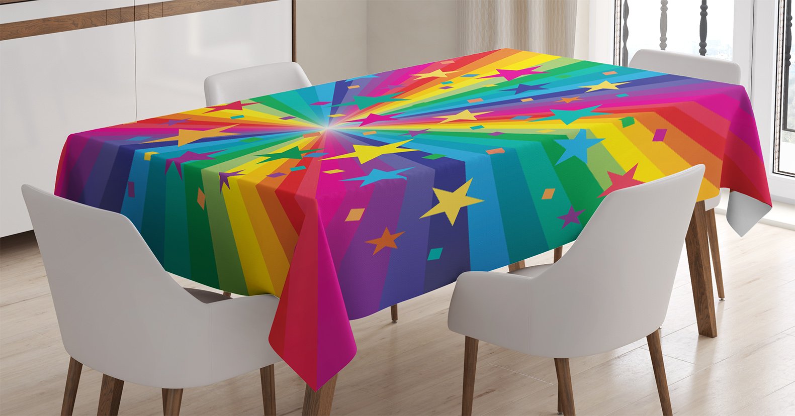 Ambesonne Abstract Tablecloth, Abstract Rainbow and Stars Colorful Rays Striped Celebrating Happy Times Theme, Rectangular Table Cover for Dining Room Kitchen Decor, 60" X 90", Blue Pink