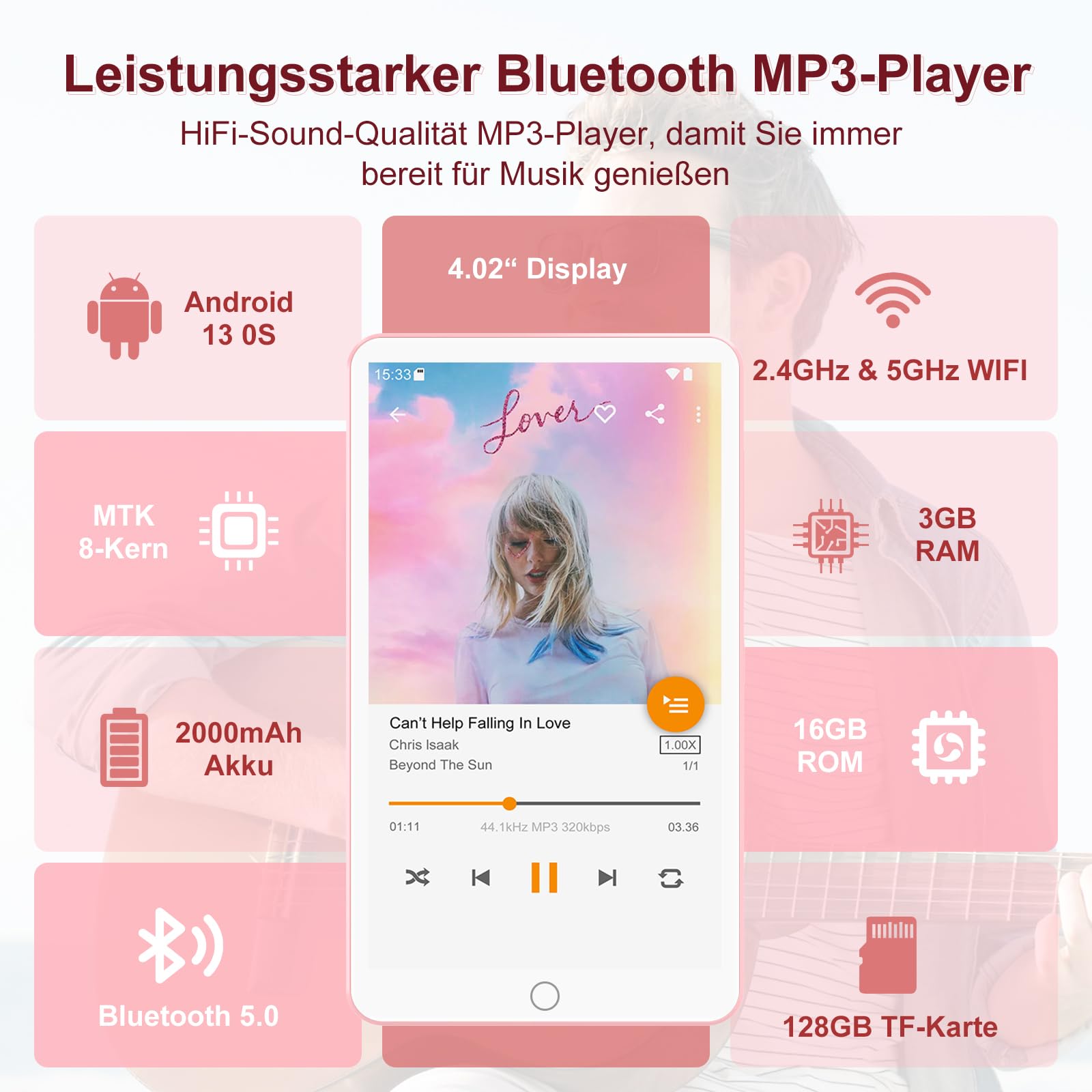 144GB Reproductor MP3 Con WiFi Bluetooth, Pantalla IPS táctil 4.02"