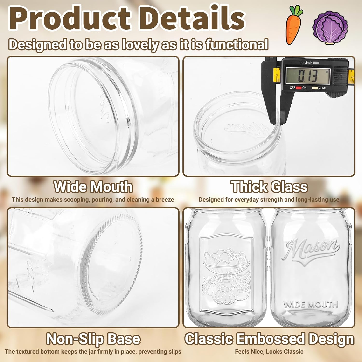 Wide Mouth Mason Jars 32 oz, 12 Pack Quart Canning Glass Jars with Embossed Measuring Markings & Airtight Lids - for Pickling, Fermenting, Meal Prep, Food Storage, Pantry Organization & DIY Gifts