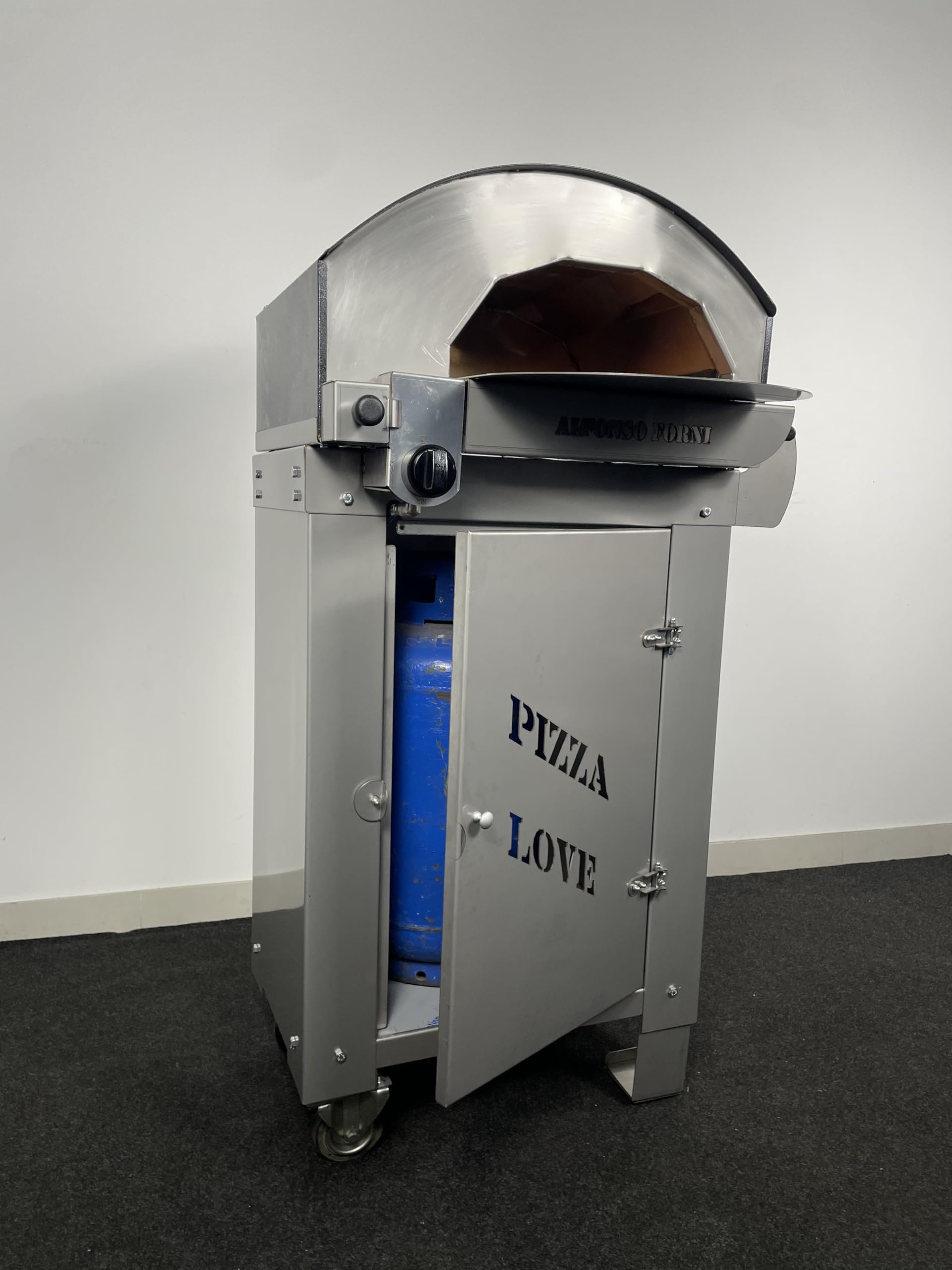 Forno pizza ibrido gas e/o legna da esterno Alfonsino – Forno pizza in acciaio inox AISI 304 con biscotto refrattario 40x40 cm, 500°C, cottura diretta a fiamma viva, Personalizzabile, con carrello