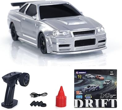 1/43 Scale RC Drift Race Vehicle Gyro 4WD Ready to Go Mini Remote Control Car High Speed Model RTR Racing Car Gift(Silver Gray)