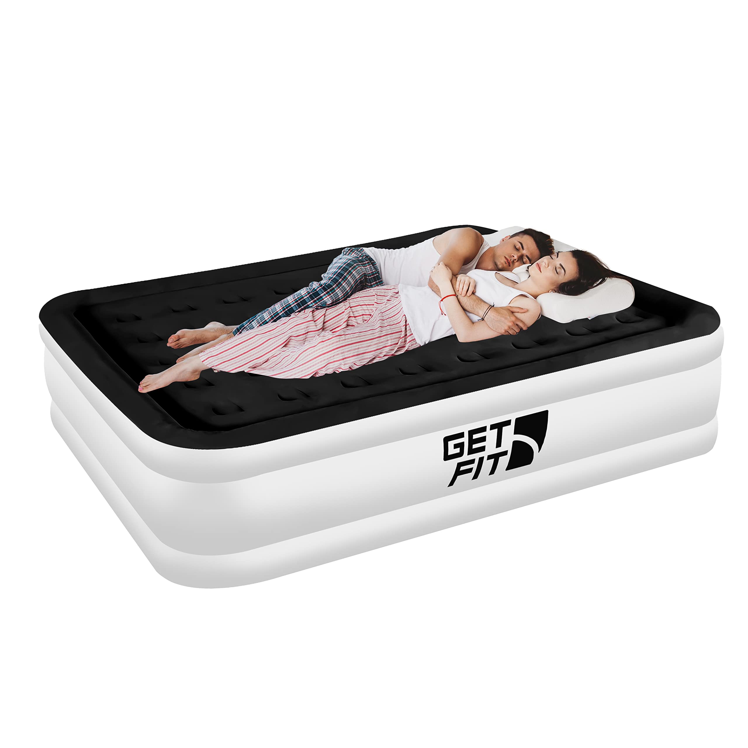 Get Fit Air Bed with Built In Electric Pump - Premium King Size - Blow Up Bed with 2 x Free Pillows - Elevated Inflatable Air Mattress for Outdoor, Camping, Tents - White/Black