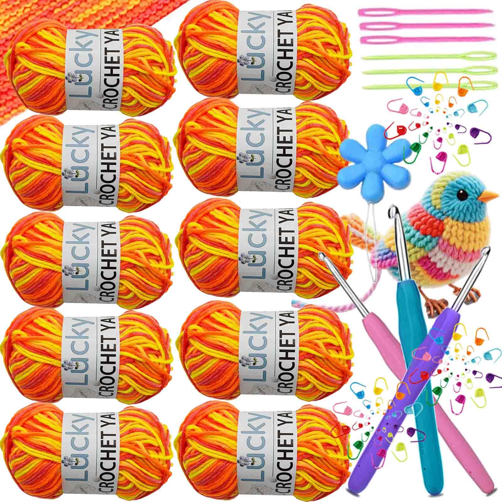 Crochet Yarn Double Knitting Wool (10X50g), Multicoloured Acrylic Yarn Crochet Wool with Aluminum Crochet Hooks Stitch Markers for DIY Amigurumi Craft Blankets Socks Dolls (08 Orange Yellow Gradient)