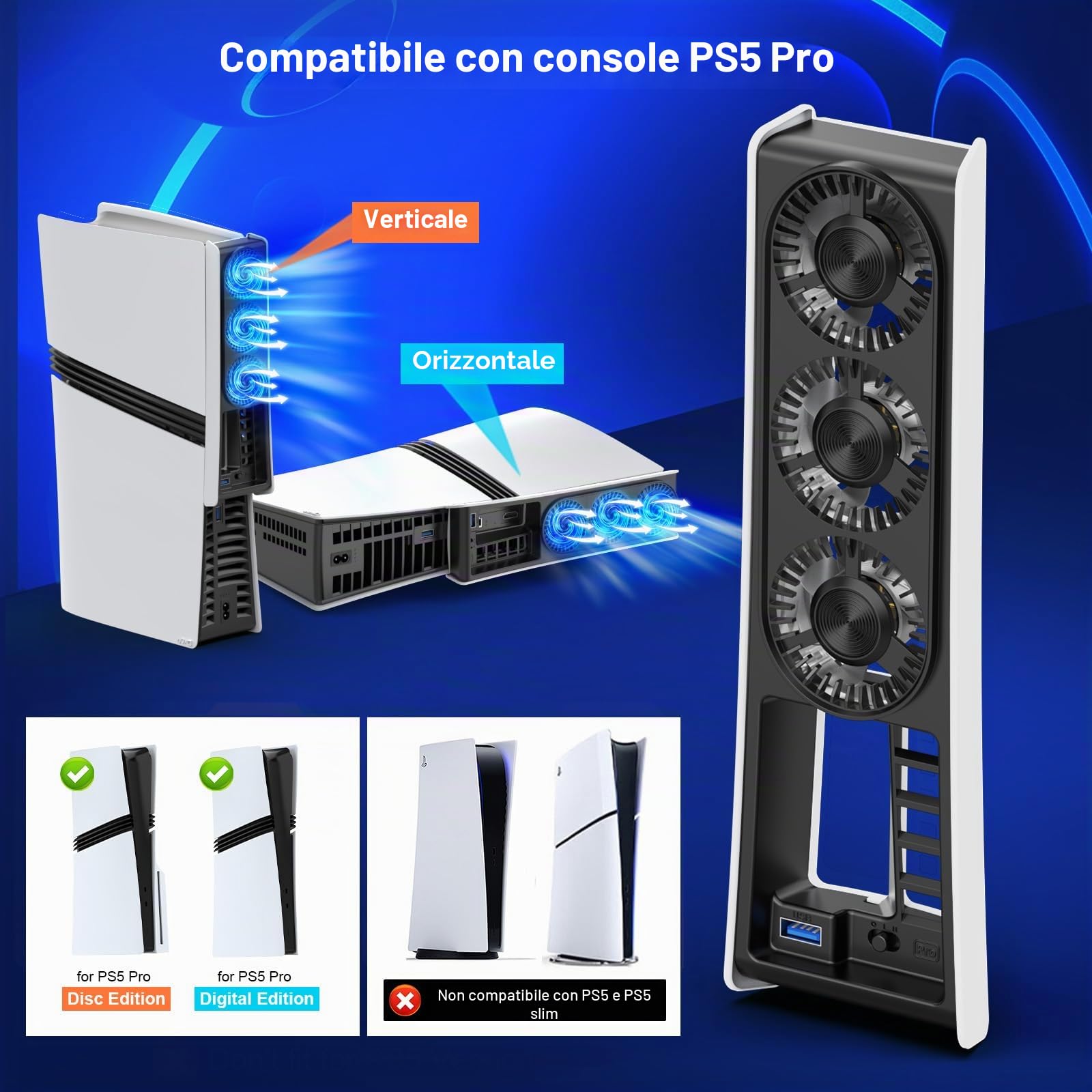Ventola di raffreddamento per PS5 Pro, accessorio per ventola di raffreddamento silenziosa per PS5 Pro versione digitale e CD con luce LED, velocità regolabile e accensione/spegnimento automatico