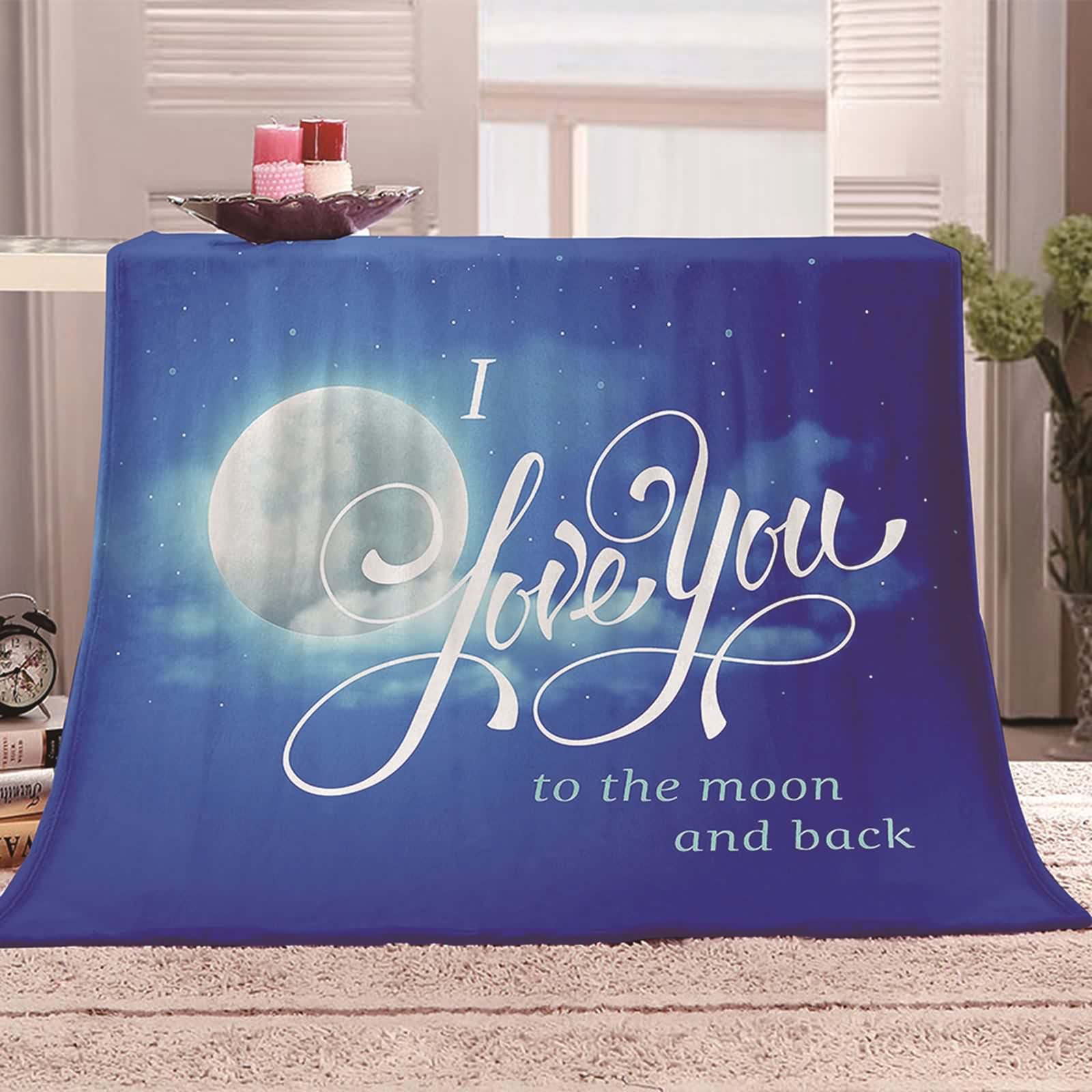 Miękki koc narzutowy duży, puszysty koc niebieski narzuta flanelowy księżyc "I Love You To The Moon and Back" przytulny puszysty miękki lekki ciepły 152 cm x 188 cm
