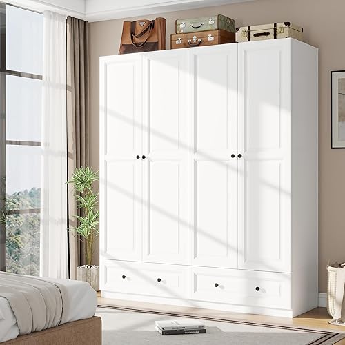 Armoire Wardrobe Closet with Drawers: 74" White Tall Wooden Wardrobe Closet for Hanging Clothes, Large Bedroom Armoires with 2 Drawers, 4 Door Armoire Storage Cabinet (White, 63")