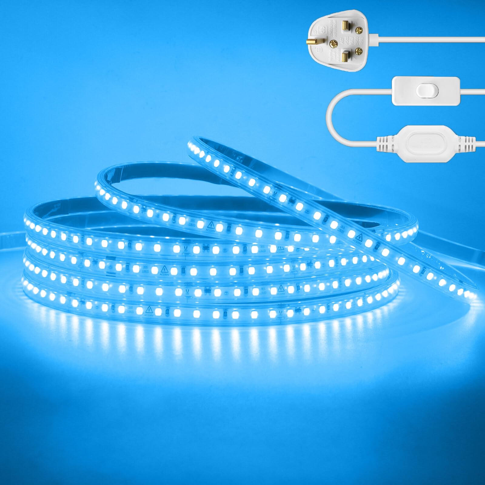KAFULA 220V LED Strip Light with On/Off [11M,Ice Blue],IP65 Waterproof Flexible SMD2835 LED Fairy Lights CRI85+,Every 10cm can be Cut,Bedroom Kitchen Corridor Decoration