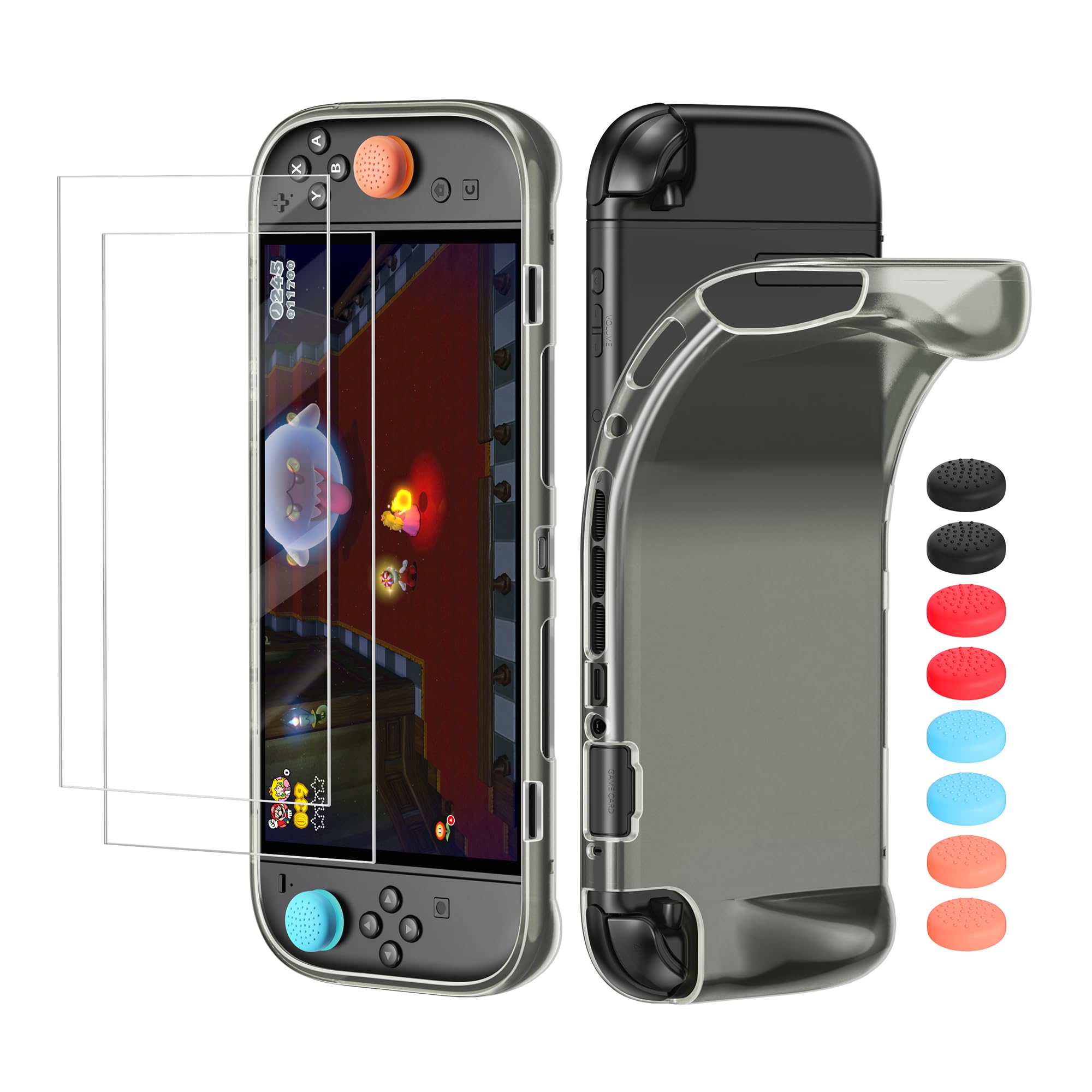 Schutzhülle für Nintendo Switch 2 (2025), Ergonomische Full Protection TPU Hülle für Switch 2 Zubehör mit 2 Displayschutzfolien und 8 Joystick Caps Kappen(Schwarz)
