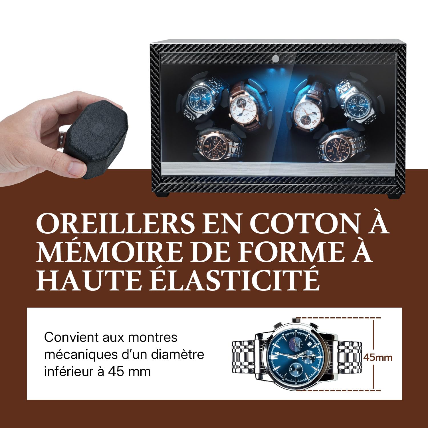 Mcbazel Remontoir Automatique pour 6 Montres, Moteur Ultra Silencieux avec Lumière LED, Boîte de Présentation avec 4 Modes de Rotation, Alimenté par USB