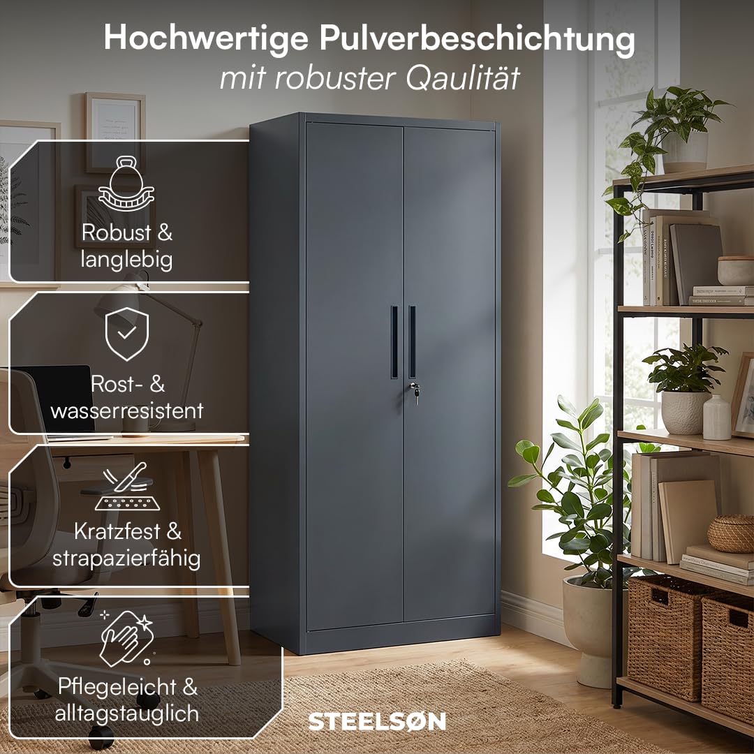 STEELSØN Regulus Metallschrank abschließbar – Stahlschrank mit 5 Ebenen – Werkzeugschrank mit Doppeltüren Anthrazit – Werkstattschrank mit verstellbaren Ablagen – Aktenschrank/Büroschrank Metall