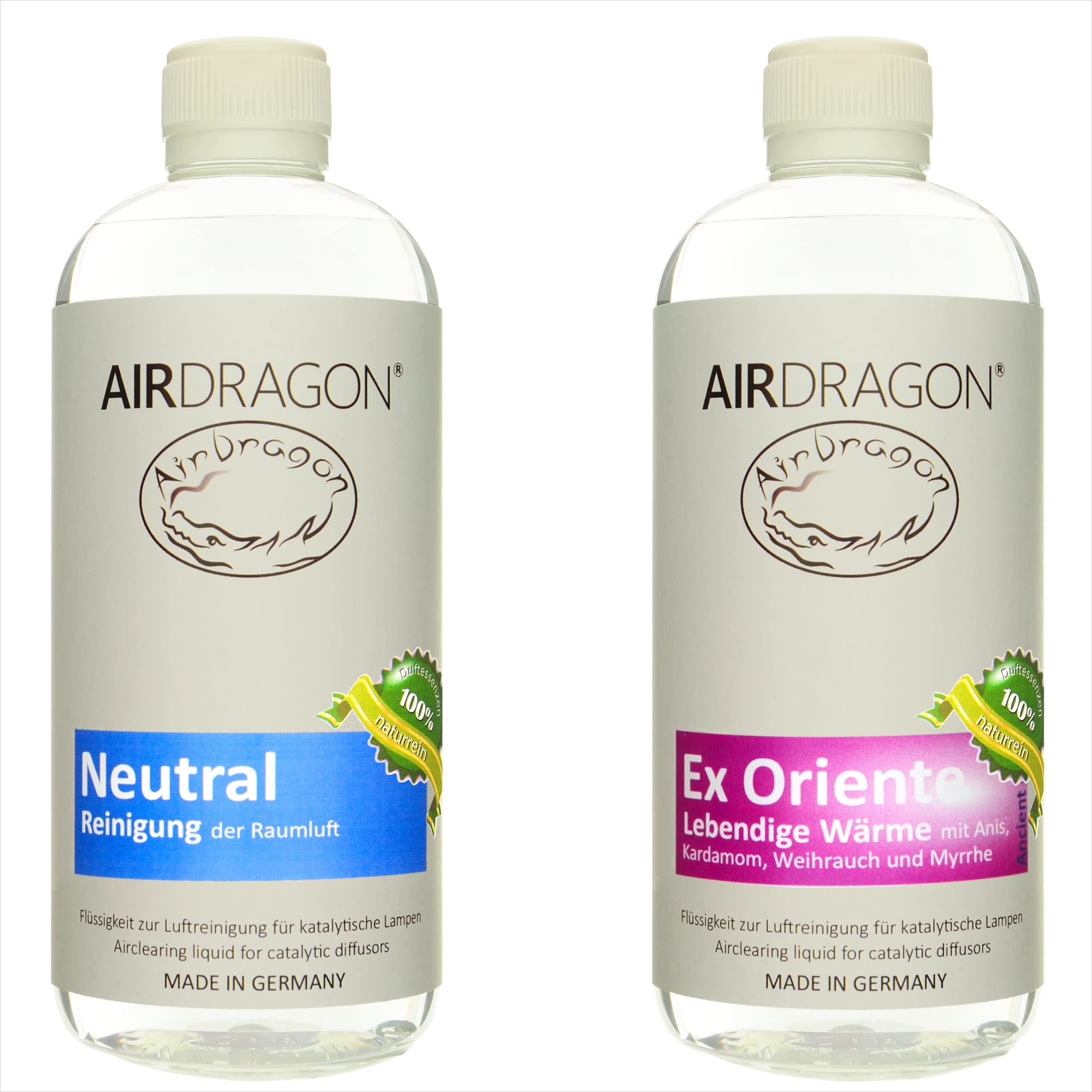 AIRDRAGON® Zestaw zapachowy • Neutral + Exorient • 2 x 1 litr • Do każdej lampy katalitycznej • Bez sztucznych substancji zapachowych • Naturalny zapach premium do pomieszczeń