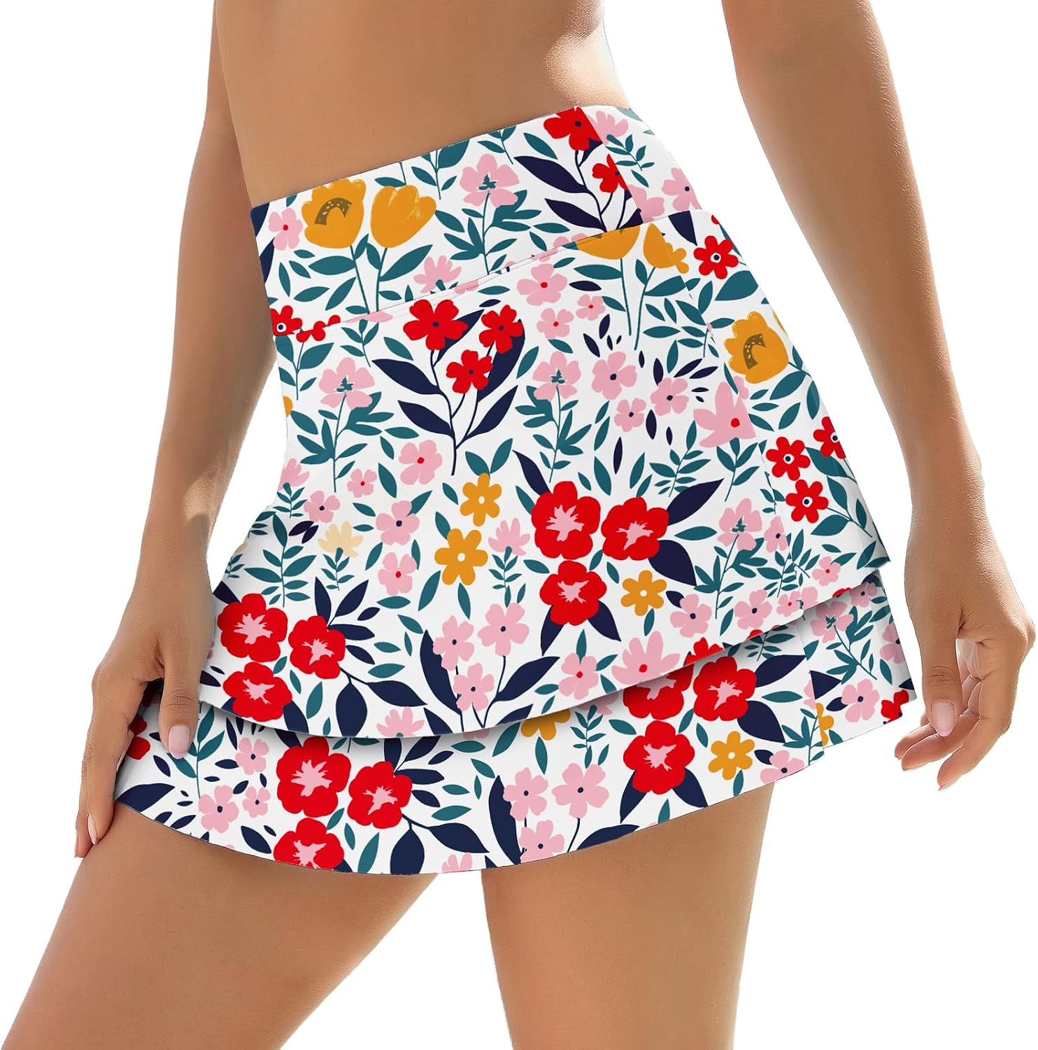 WOWENY Swim Skirt for Women 2 Layered Ruffled Flowy Floral High Waisted Swimsuit Built-in Swim Bikini Bottoms