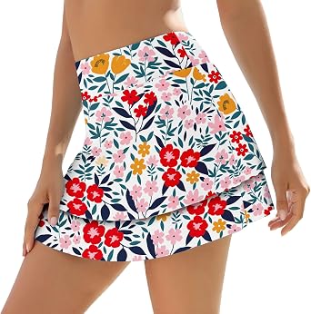 WOWENY Swim Skirt for Women 2 Layered Ruffled Flowy Floral High Waisted Swimsuit Built-in Swim Bikini Bottoms