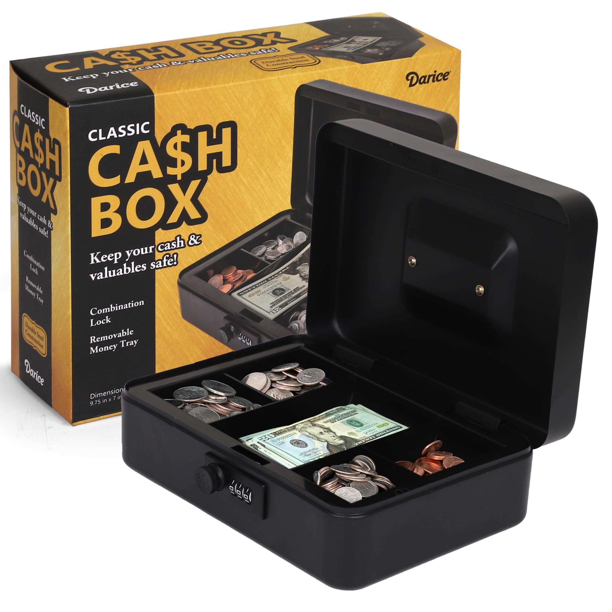 Darice Cash Box - Large Money Safe - Black Stainless Steel