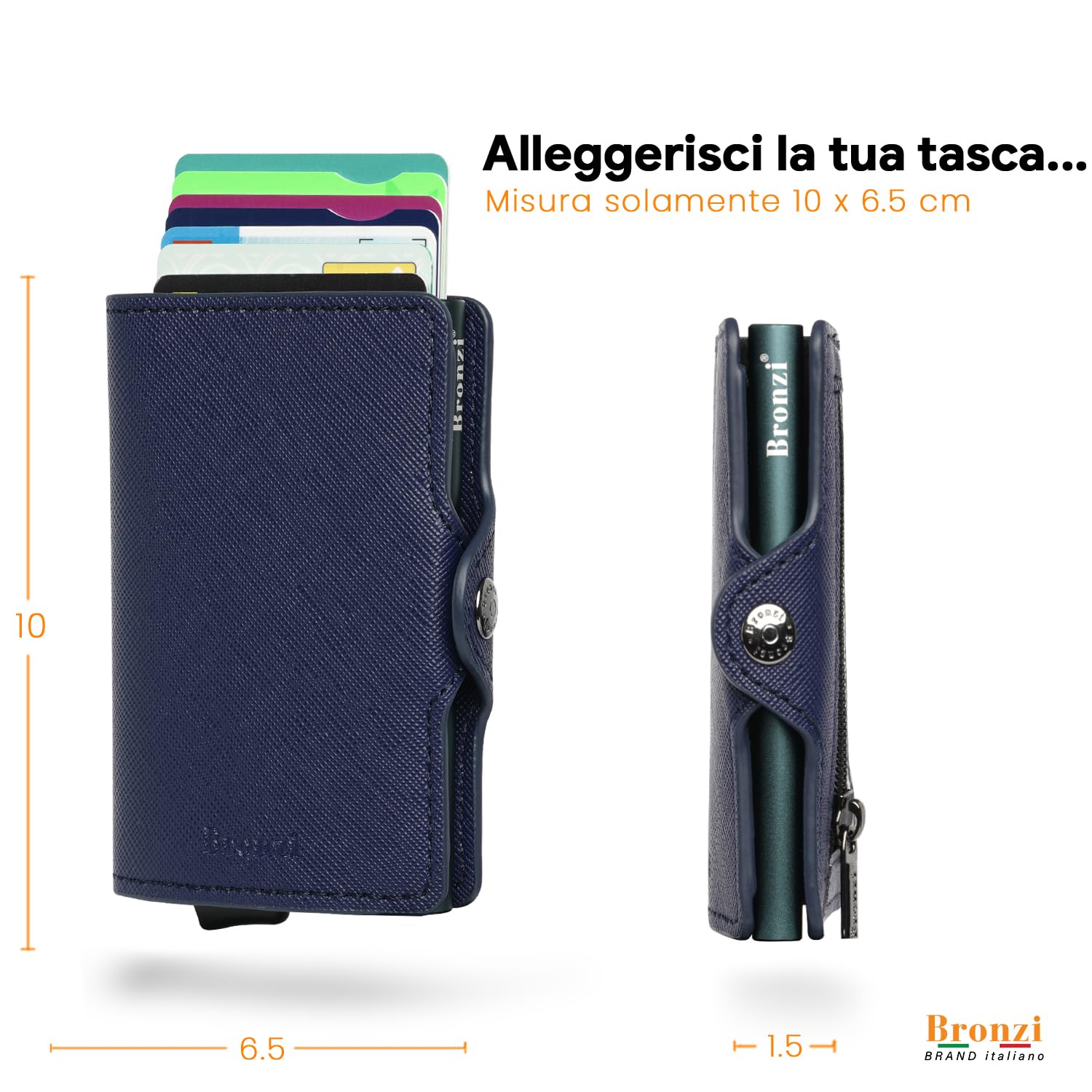 Bronzi Portafoglio Porta Carte Credito - Portafoglio Uomo Slim Portacarte uomo - Mini Porta Tessere - Protezione RFID - Design Smart Italiano Scatola Regalo inculsa (SAFFIANIO BLU SCURO)