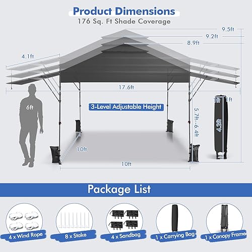 Miniatura 5 de Tangkula Toldo desplegable de 10 x 17.6 pies con toldos dobles ajustables, tienda de campaña para exteriores de 2 niveles con 8 estacas, 4 cuerdas,