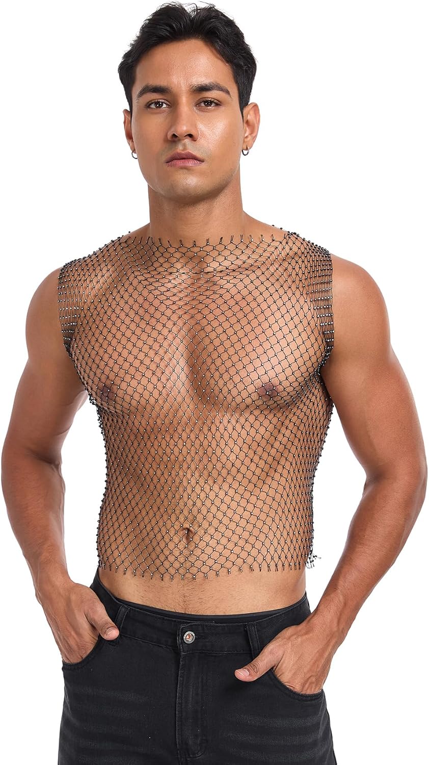 CYCLAMEN Rhinestone Mens Tank Tops Fishnet Sparkly Diamond Sleeveless Shirt See Through Festival Sexy Outfits Rave Party - Image 4