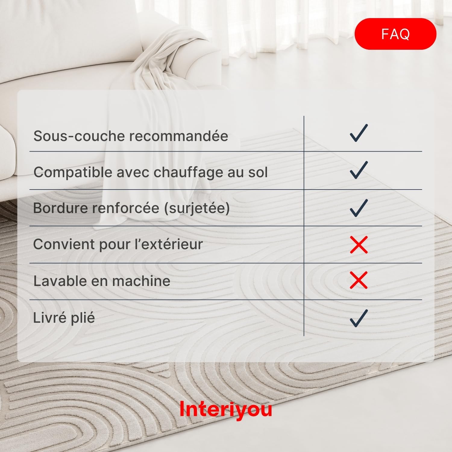 Interiyou Tapis Salon à Poils Courts Cannes - 140x200 Crème - Motif bohème scandinave avec Effet 3D - Plat et géométrique - Poil Ras pour Chambre, Couloir, Bureau