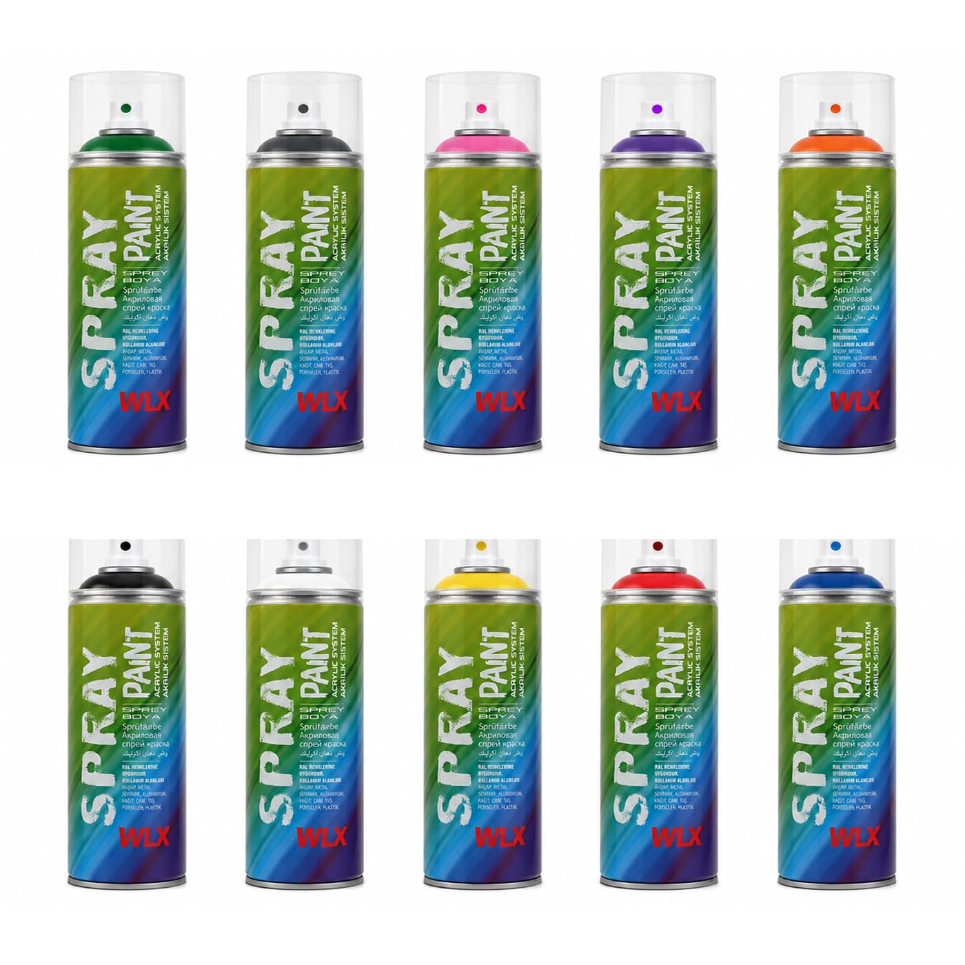 WLX Sprayfarben Set 10 x 400 ml – Schnelltrocknender Sprühlack in RAL-Farben – Hochglänzende Sprühfarbe für Holz, Metall, Stein, Glas & Wand – Lackspray & Graffiti Spray (10-Farben-Set)