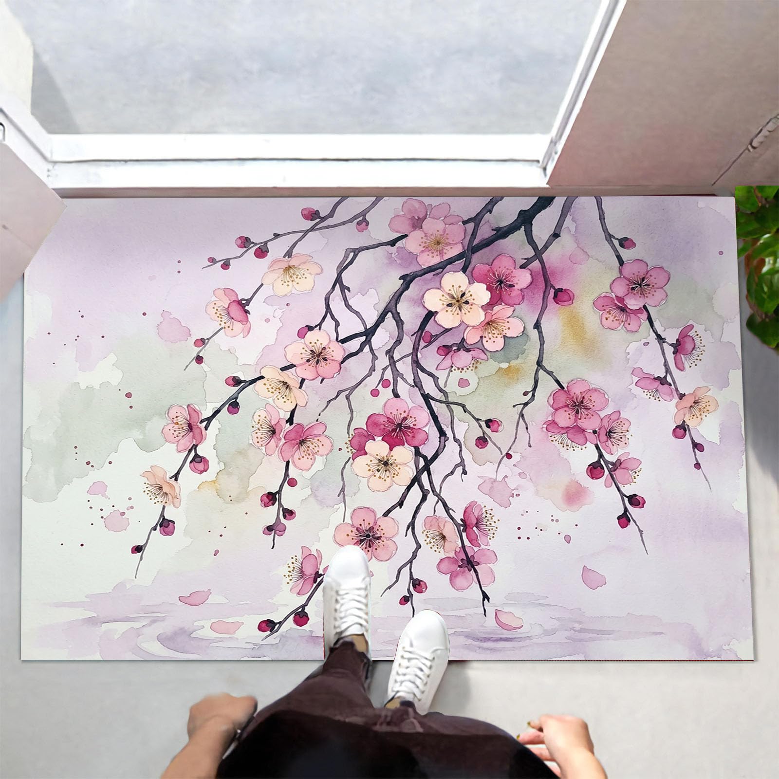 Zerbino Ingresso Interno Fiori Orientali Rami Piangenti, Zerbino Di Benvenuto Lavabile Morbida Piante Semplici Ad Acquerello, Antiscivolo Tappeto Da Decorazioni Rosa Per Casa Porta, 60X90Cm