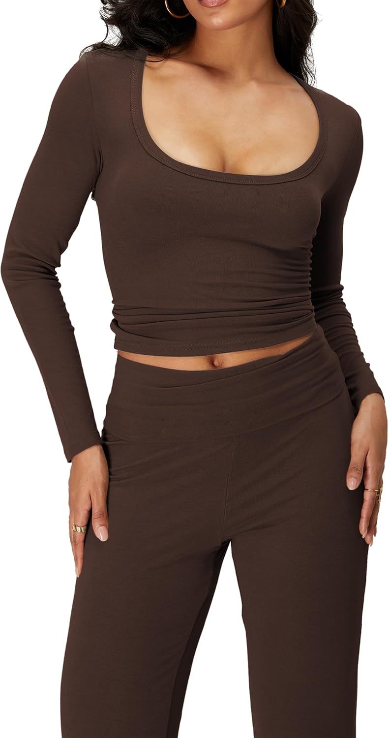 iGENJUN Women's 2 Piece Sets Long Sleeve Square Neck Low Rise Flare Leggings Sets Yoga Sweatsuit Tracksuits Lounge - Image 5